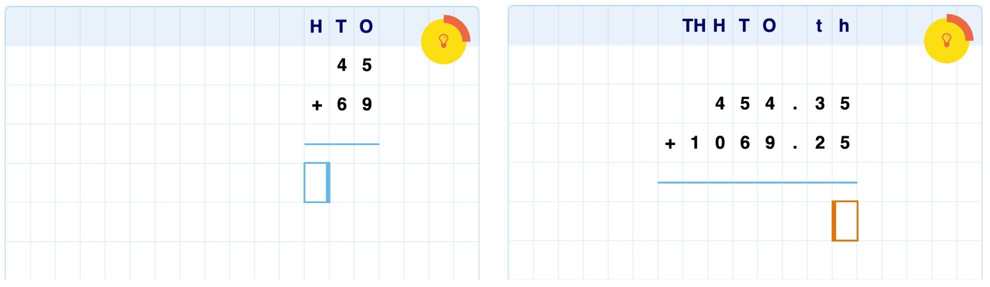 The place value ribbon adjusts to the values in the problem