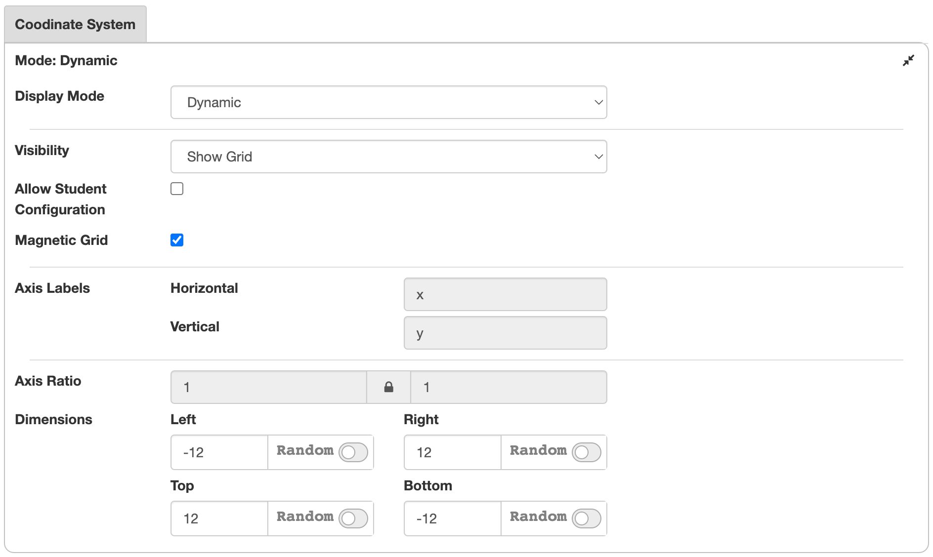 Coordinate System configuration panel