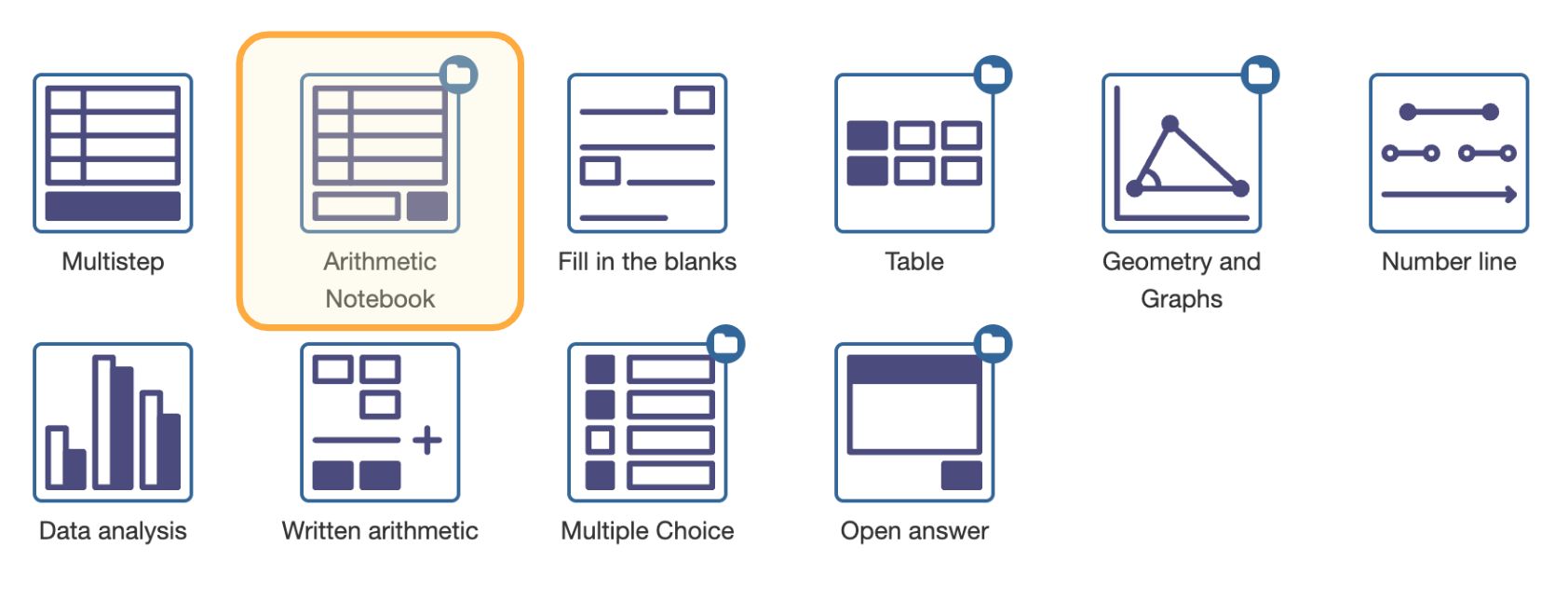 Selecting the Arithmetic Notebook question type